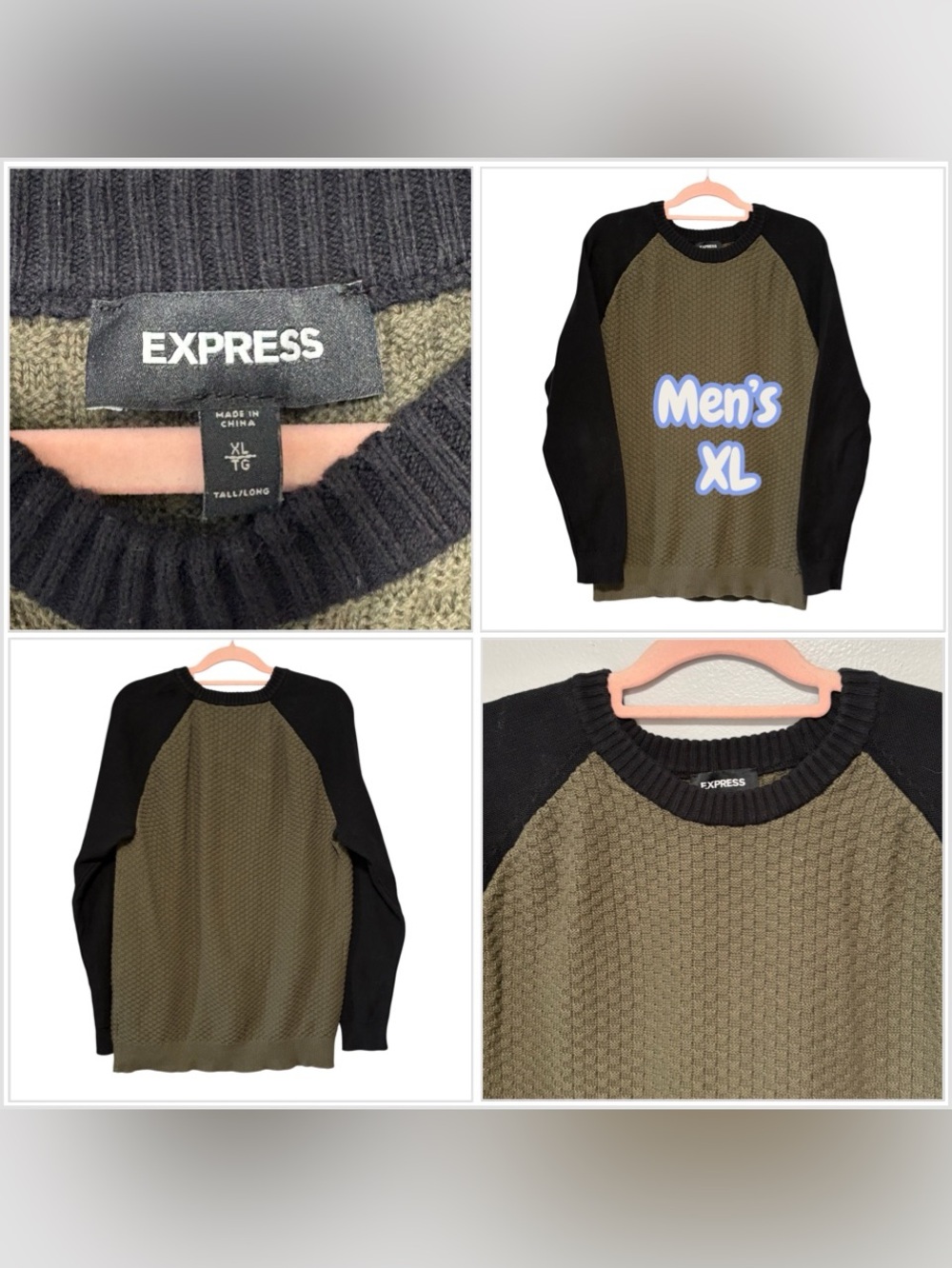 Men's Express XL Tall Long Crewneck Sweater Olive Black Raglan Long Sleeve Knit